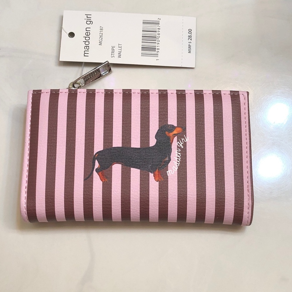Madden Girl Pink & Brown Striped Bifold Faux Leather Wallet Dachshund Accent NWT - Picture 2 of 16